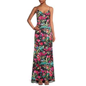 LIV FOSTER Floral Print V-Neck Spaghetti Strap Satin Gown Black Multi / 4